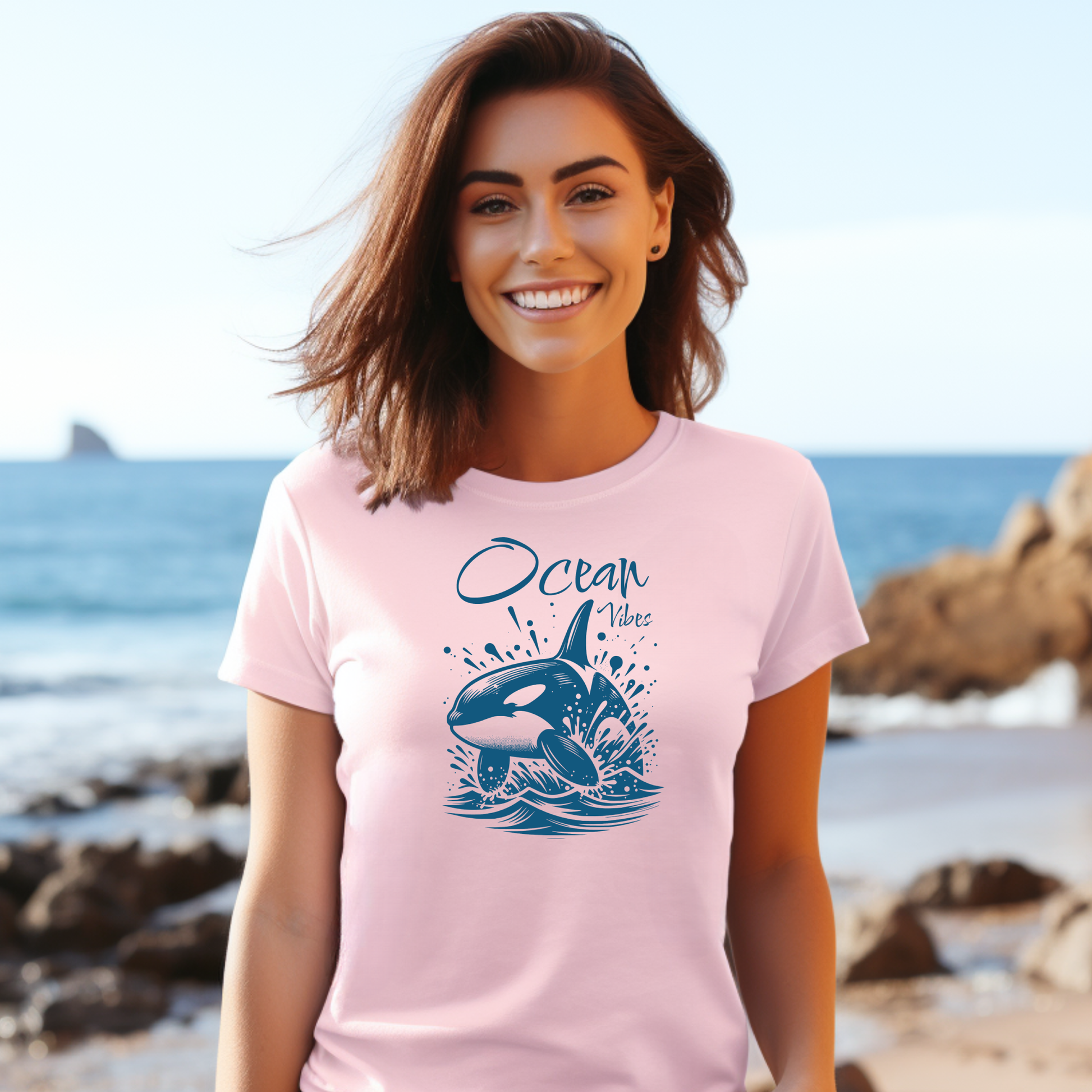 Gildan 5000 "Ocean Vibes" t shirt with a orca whale jumping out of water graphics in a one color graphic. Picture of a girl standing on the beach wearing a t shirt.
