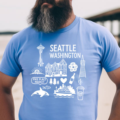 Person wearing a blue t-shirt with white graphics and text about Seattle, Washington.