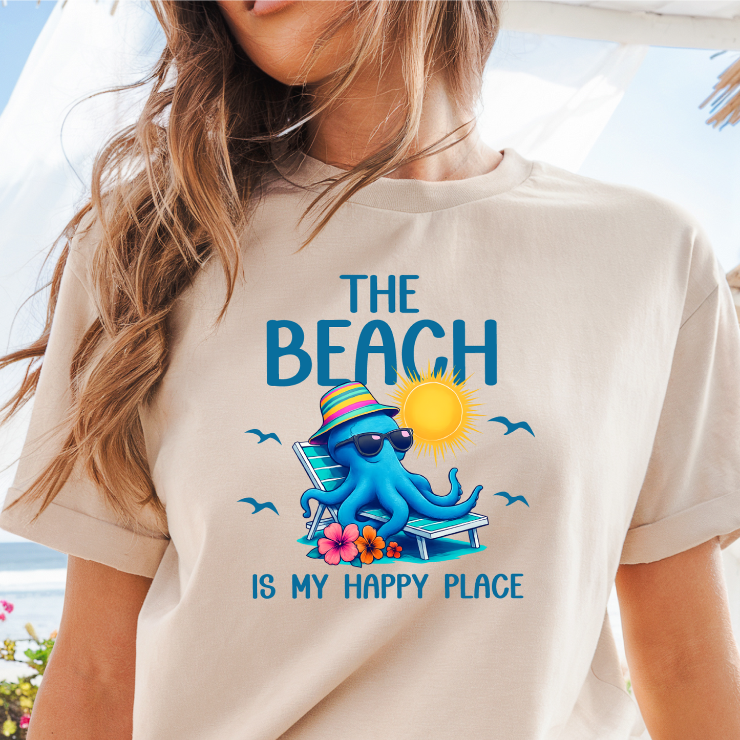 Octopus Beach T-Shirt The Beach Is My Happy Place Coastal Summer Vacation Tee