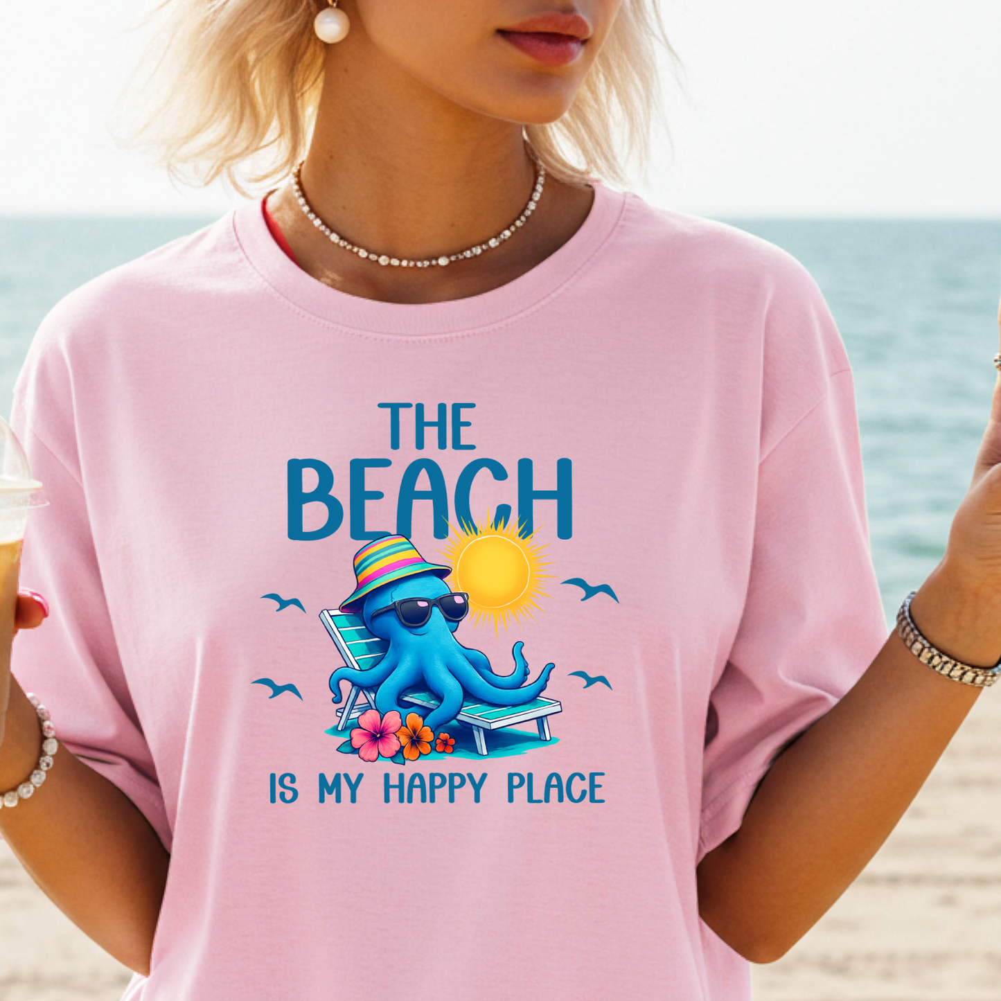 Octopus Beach T-Shirt The Beach Is My Happy Place Coastal Summer Vacation Tee