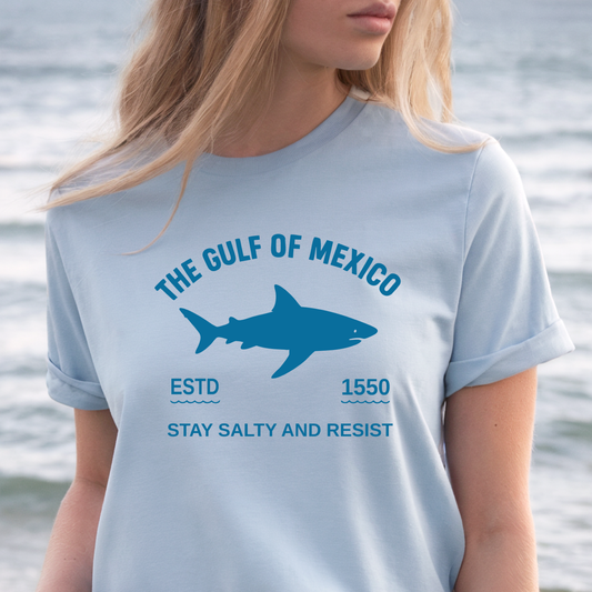 Person wearing a light blue t-shirt with a shark graphic and text about the Gulf of Mexico.