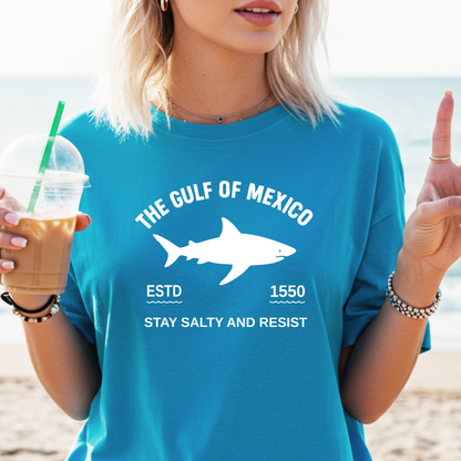 Person wearing a sapphire blue t-shirt with a shark graphic and text on a beach.