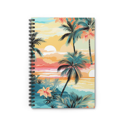The Tropical Paradise Spiral Notebook features a travel journal with palm trees and hibiscus flowers in vibrant orange, teal, and yellow against a sunset design. Perfect for travel lovers and dreamers, it’s spiral-bound with ruled lines.