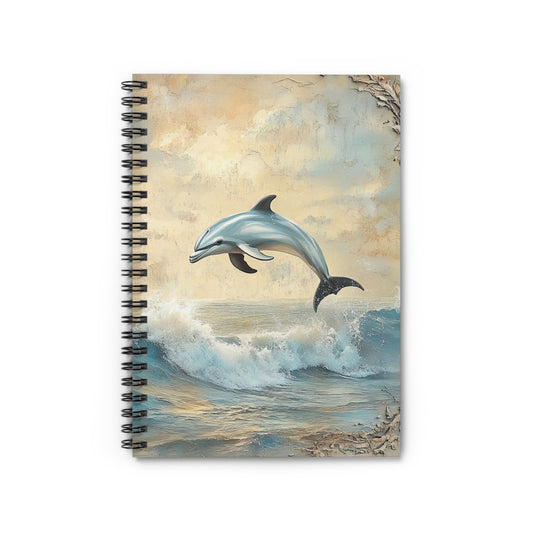 The Dolphin Wave Spiral Notebook - Ruled Line for Ocean Lovers features a captivating cover illustration of a dolphin leaping over waves with a serene, textured sky in soft, muted colors, perfect for ocean enthusiasts.