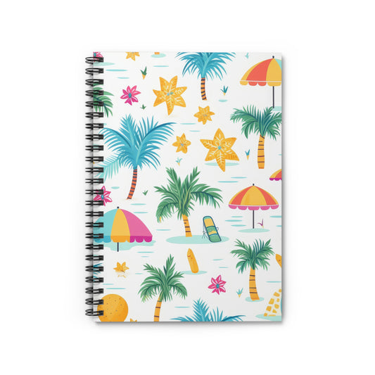 The Tropical Vibes Spiral Notebook is a beach-themed, spiral-bound notebook with a vibrant tropical pattern of palm trees, umbrellas, starfish, and a beach chair on a white background—ideal for motivational journaling and summer adventures.