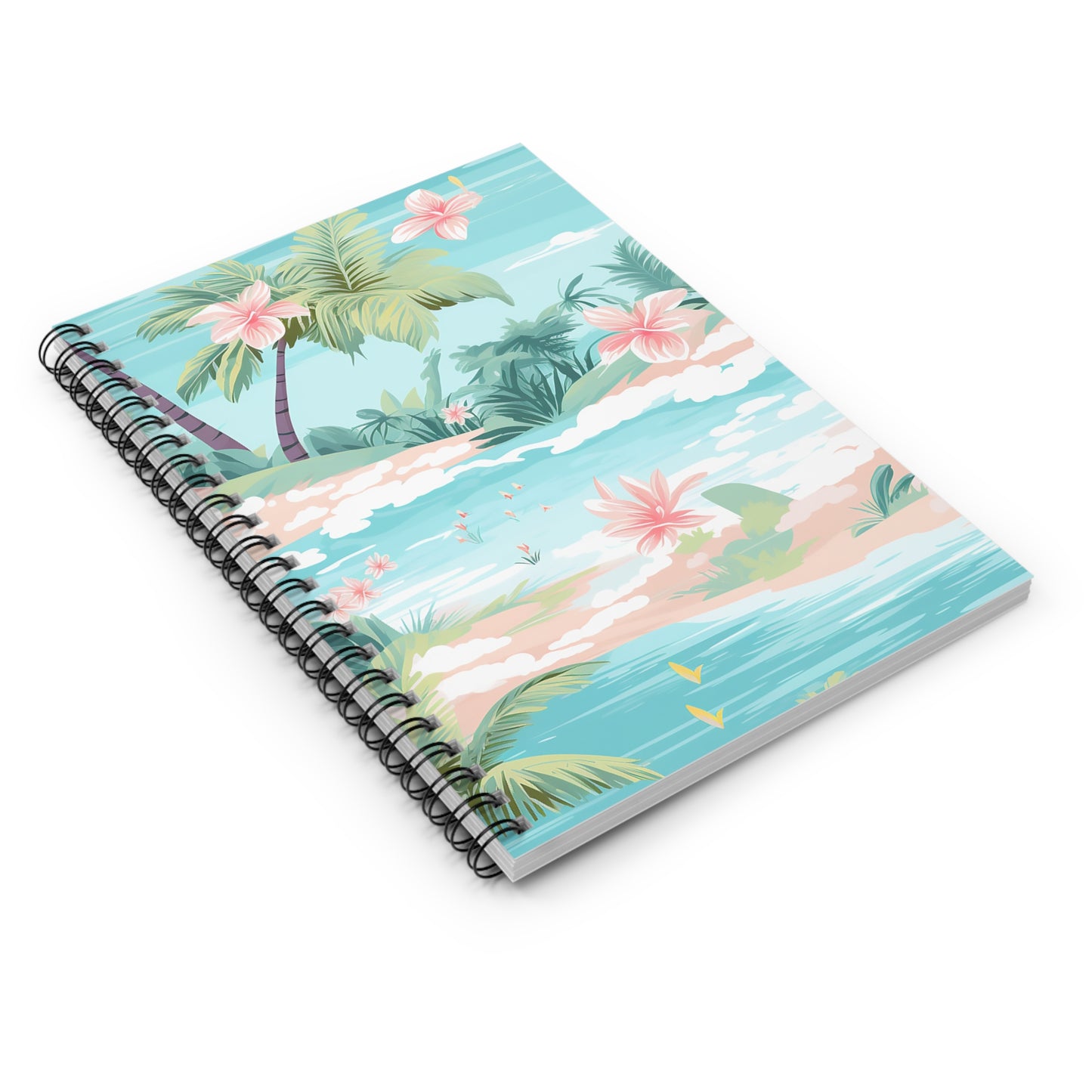 The Tropical Paradise Spiral Notebook - Ruled Line for Creative Minds features palm trees, pink hibiscus flowers, and blue skies on its cover, offering a serene and vibrant coastal theme perfect for journaling sunlit thoughts.