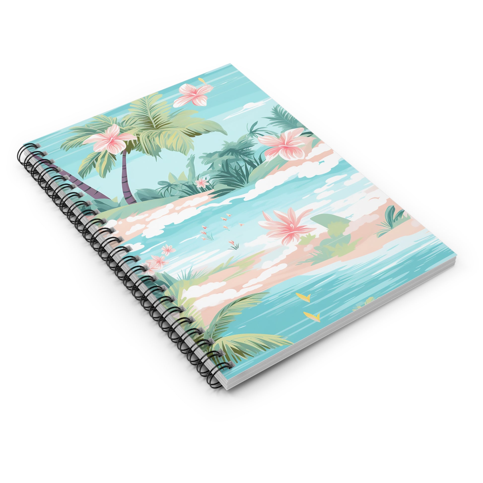 The Tropical Paradise Spiral Notebook - Ruled Line for Creative Minds features palm trees, pink hibiscus flowers, and blue skies on its cover, offering a serene and vibrant coastal theme perfect for journaling sunlit thoughts.