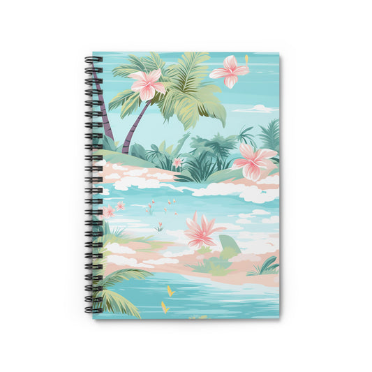 The Tropical Paradise Spiral Notebook - Ruled Line for Creative Minds features a sturdy metal spiral and a vibrant design with palm trees, pink hibiscus flowers, and a serene body of water under a blue sky, evoking a peaceful, beach-like atmosphere.