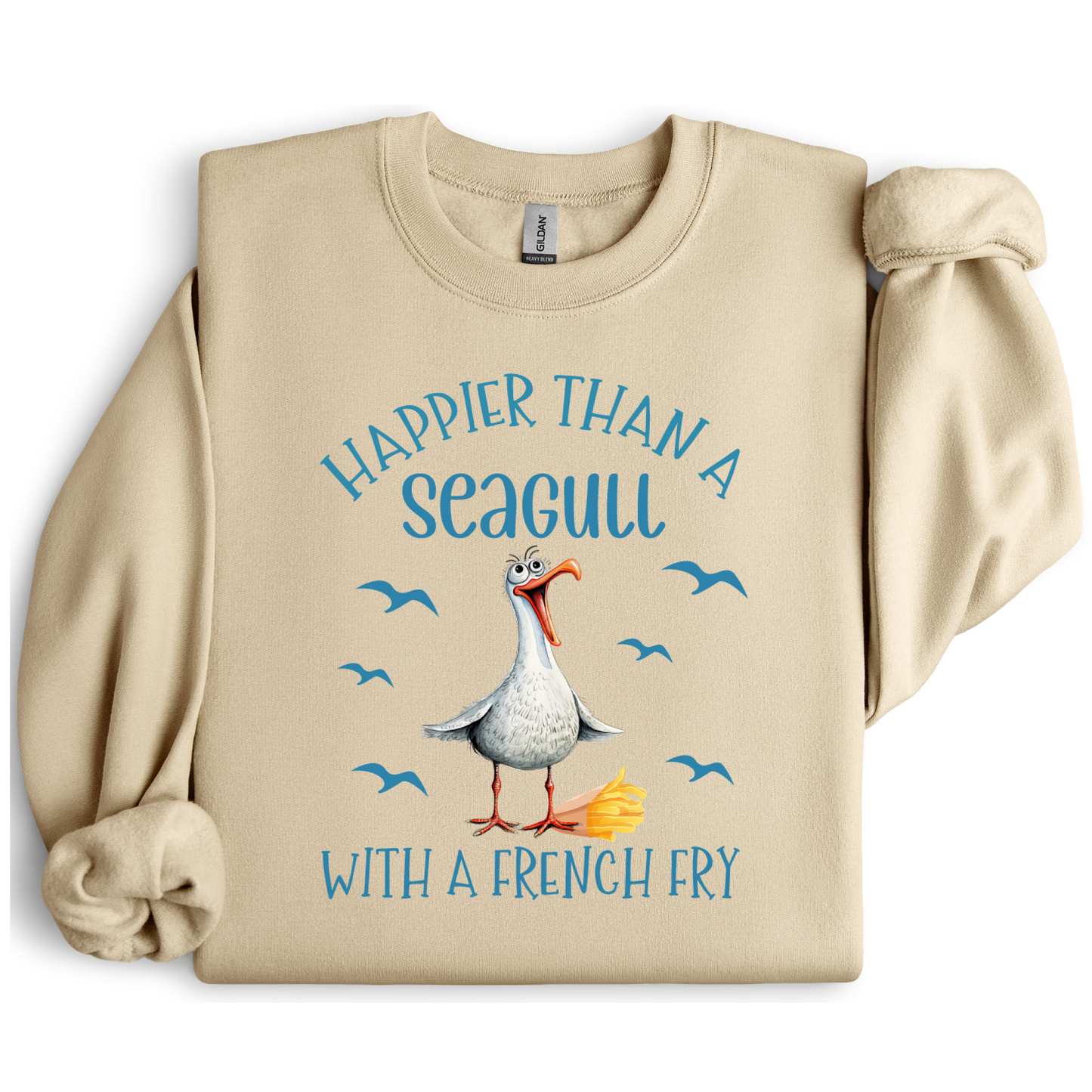 Beige sweatshirt with a seagull graphic and text on a white background