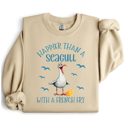 Beige sweatshirt with a seagull graphic and text on a white background