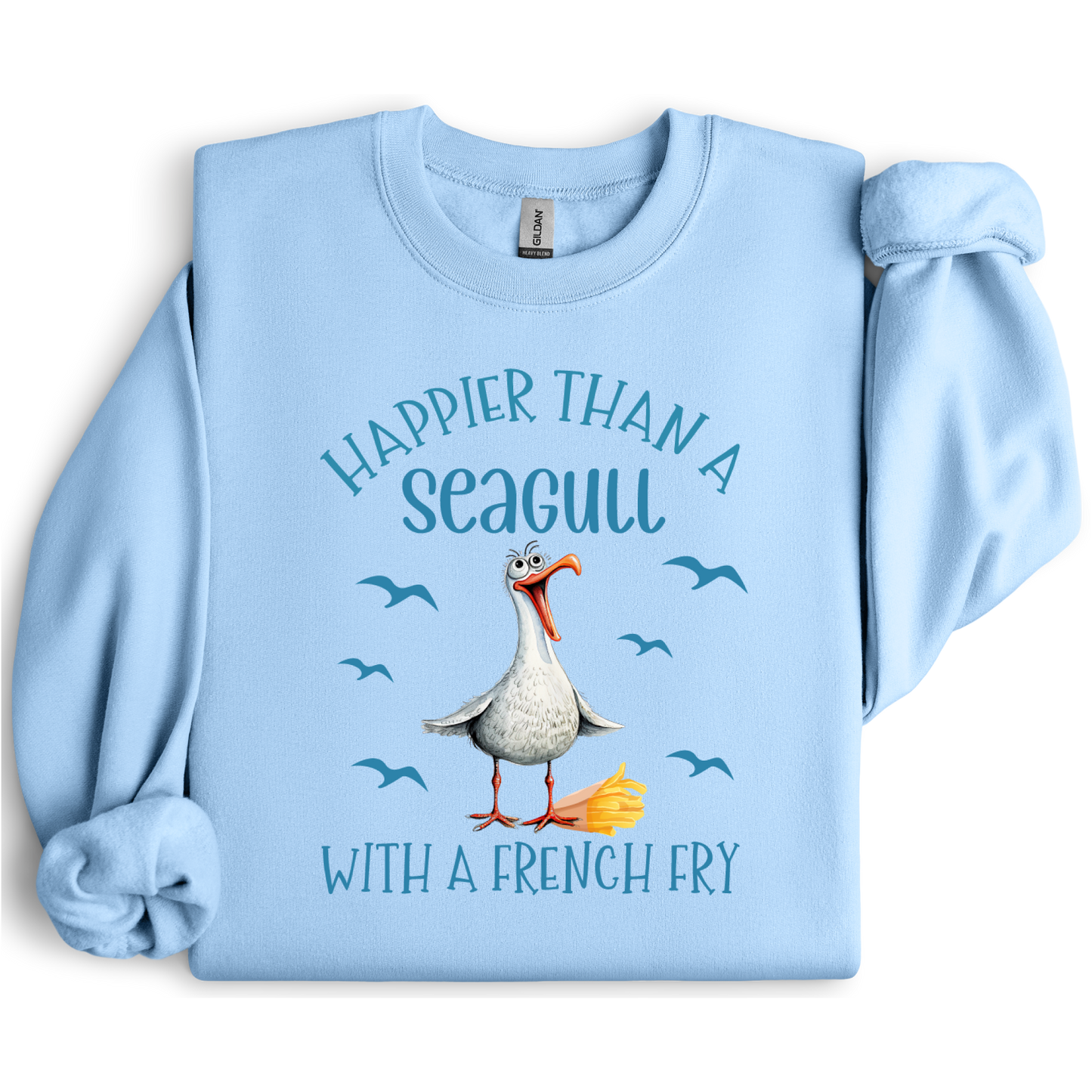 Light blue sweatshirt with a seagull graphic and text on a white background