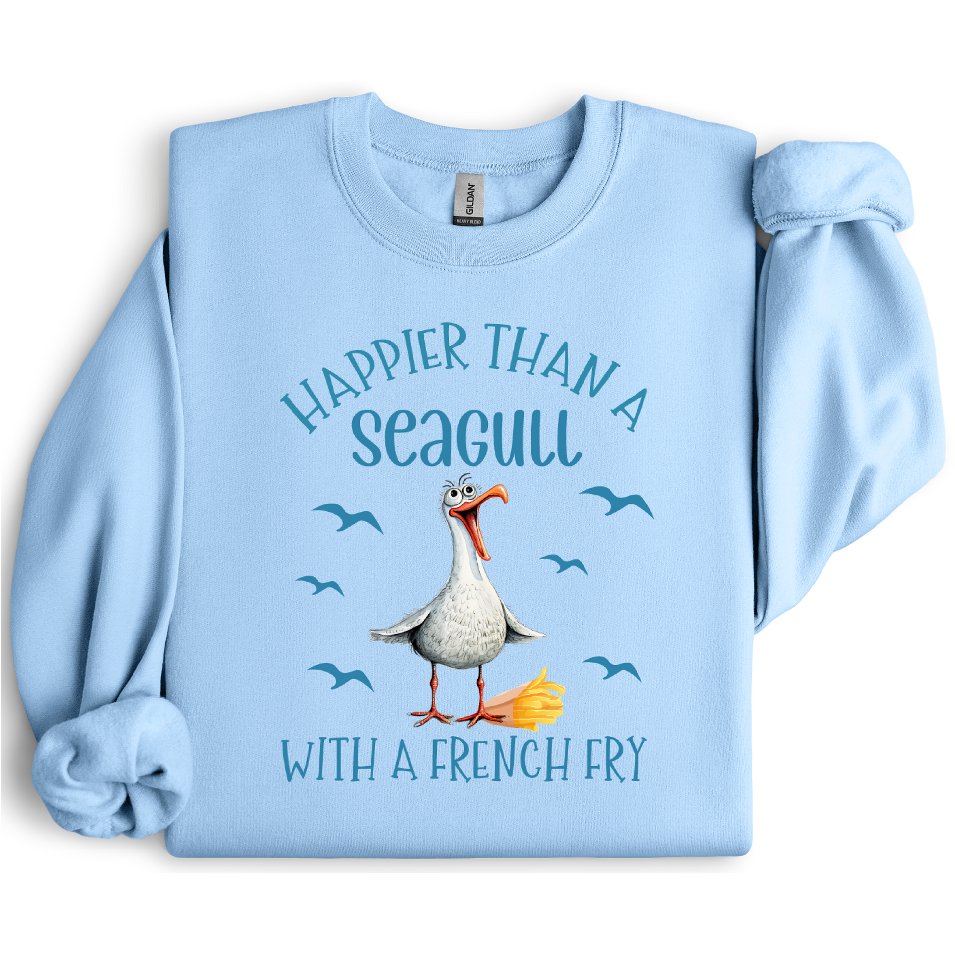 Light blue sweatshirt with a seagull graphic and text on a white background
