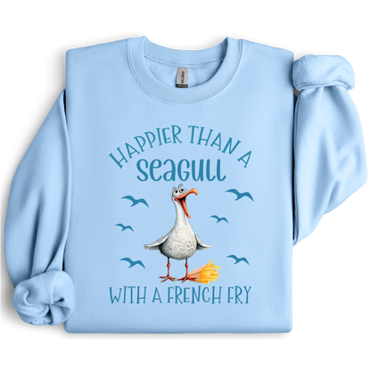 Light blue sweatshirt with a seagull graphic and text on a white background