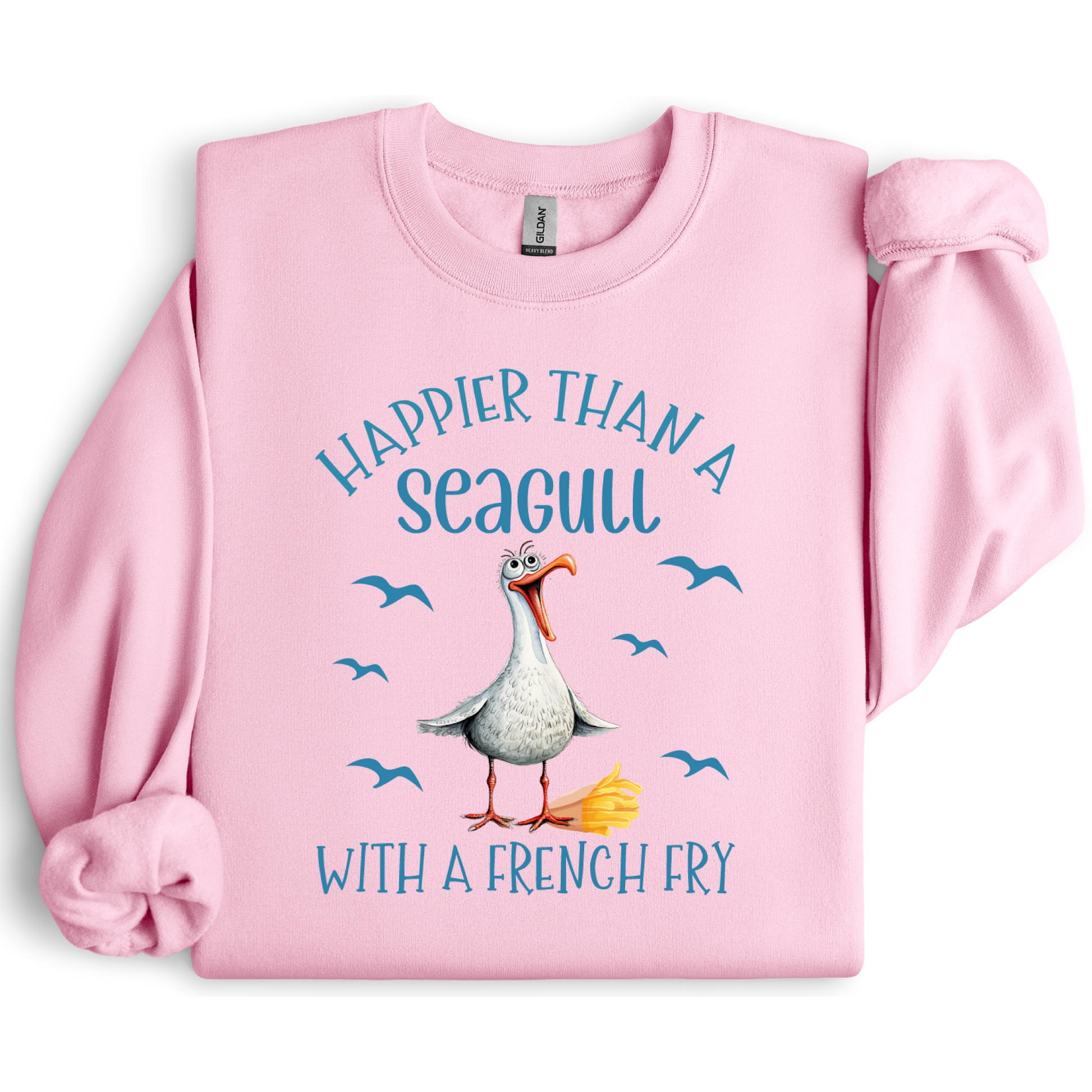 Pink sweatshirt with a seagull graphic and text on a white background