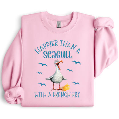 Pink sweatshirt with a seagull graphic and text on a white background