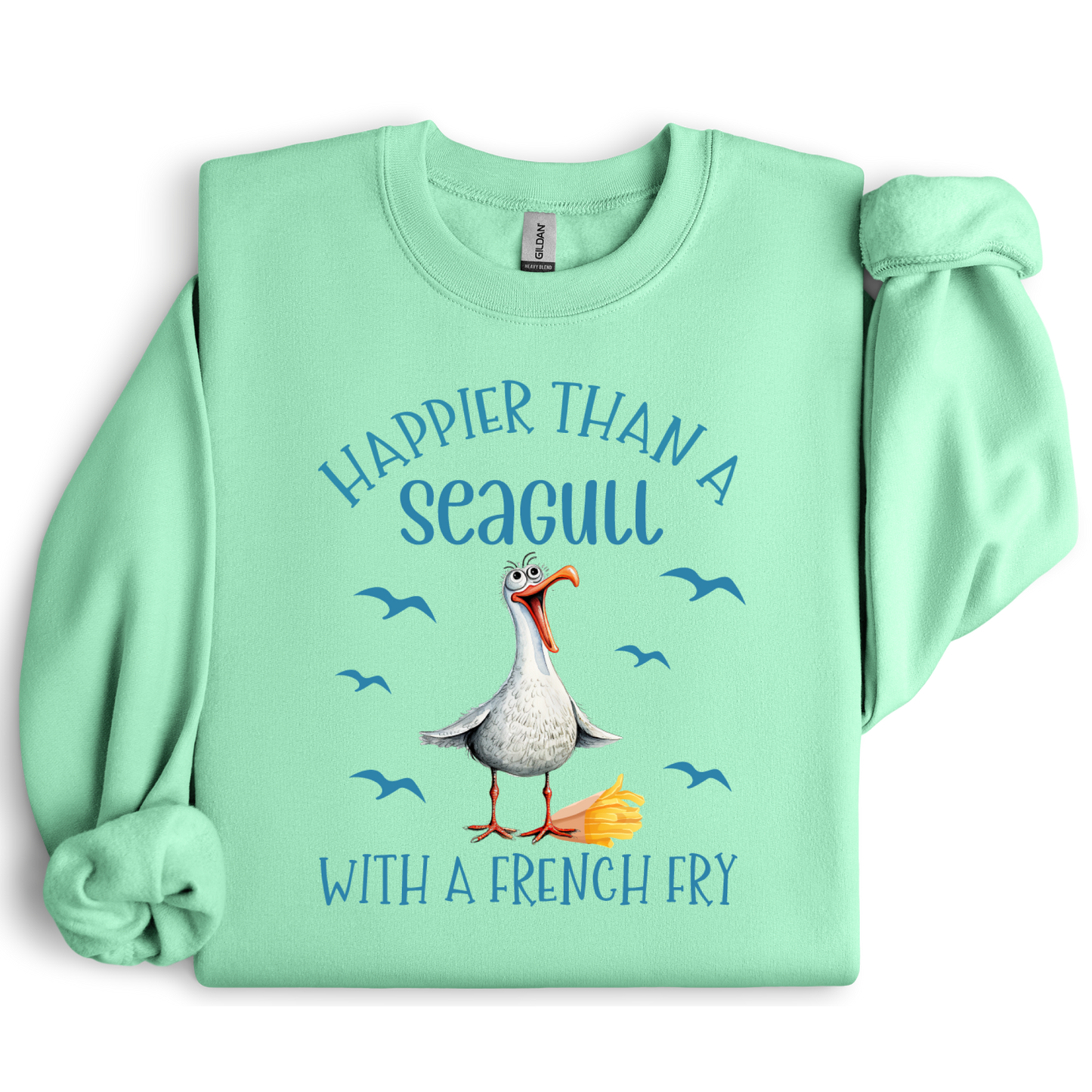 Mint green sweatshirt with a cartoon seagull and text on a white background