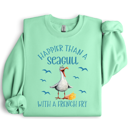 Mint green sweatshirt with a cartoon seagull and text on a white background