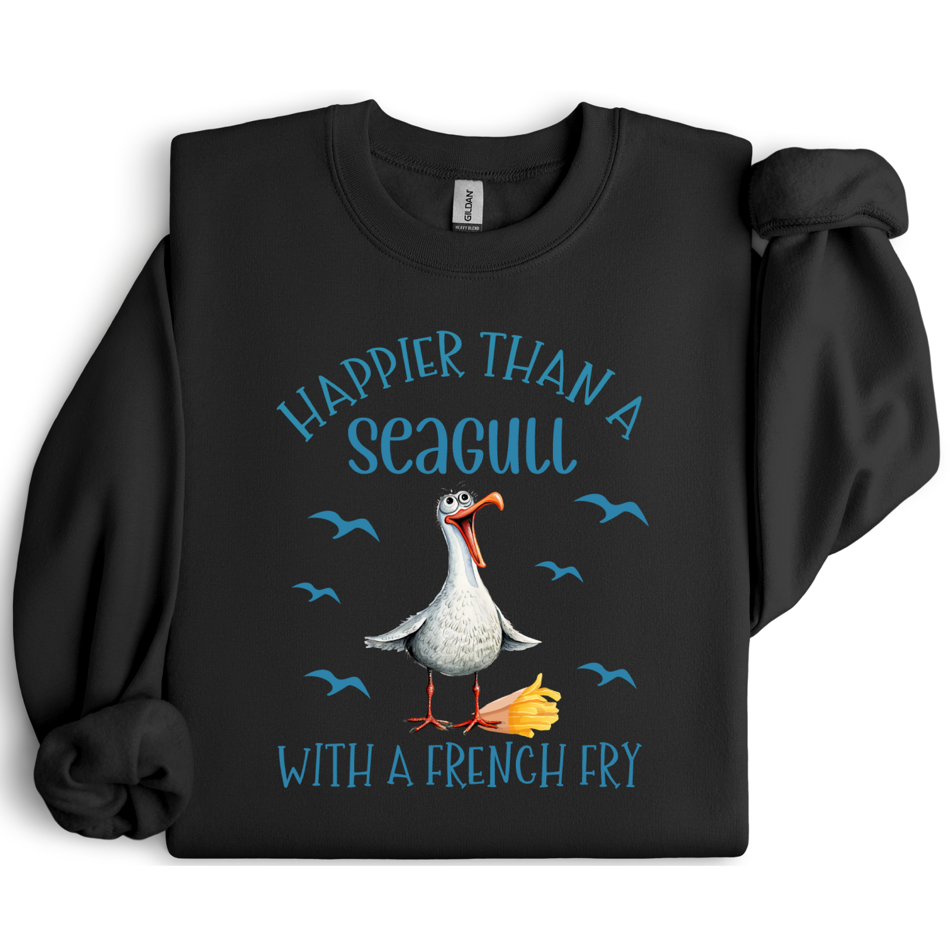 Black sweatshirt with a seagull graphic and text on a white background