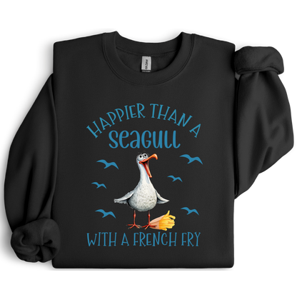 Black sweatshirt with a seagull graphic and text on a white background