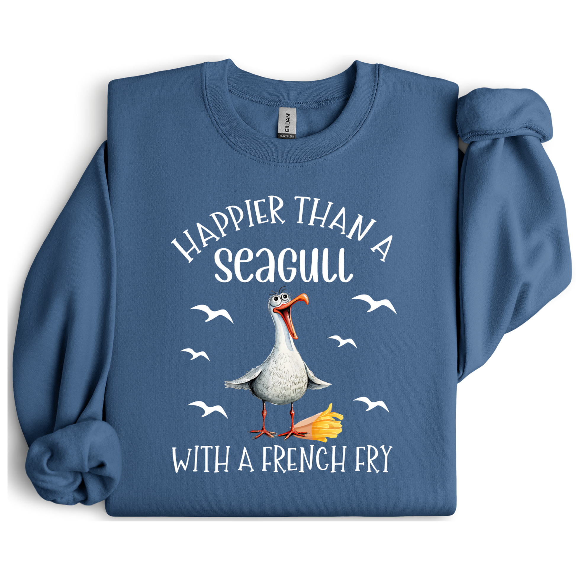 Indigo Blue sweatshirt with a seagull graphic and text on a white background