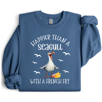 Indigo Blue sweatshirt with a seagull graphic and text on a white background
