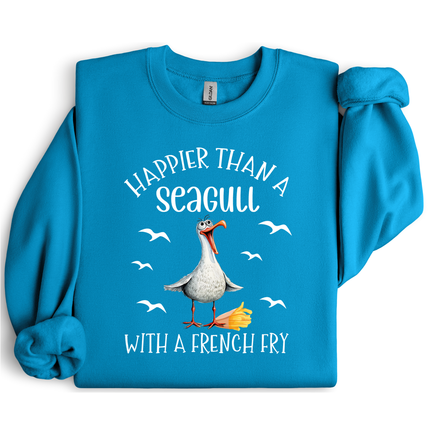 Sapphire Blue sweatshirt with a seagull graphic and text on a white background