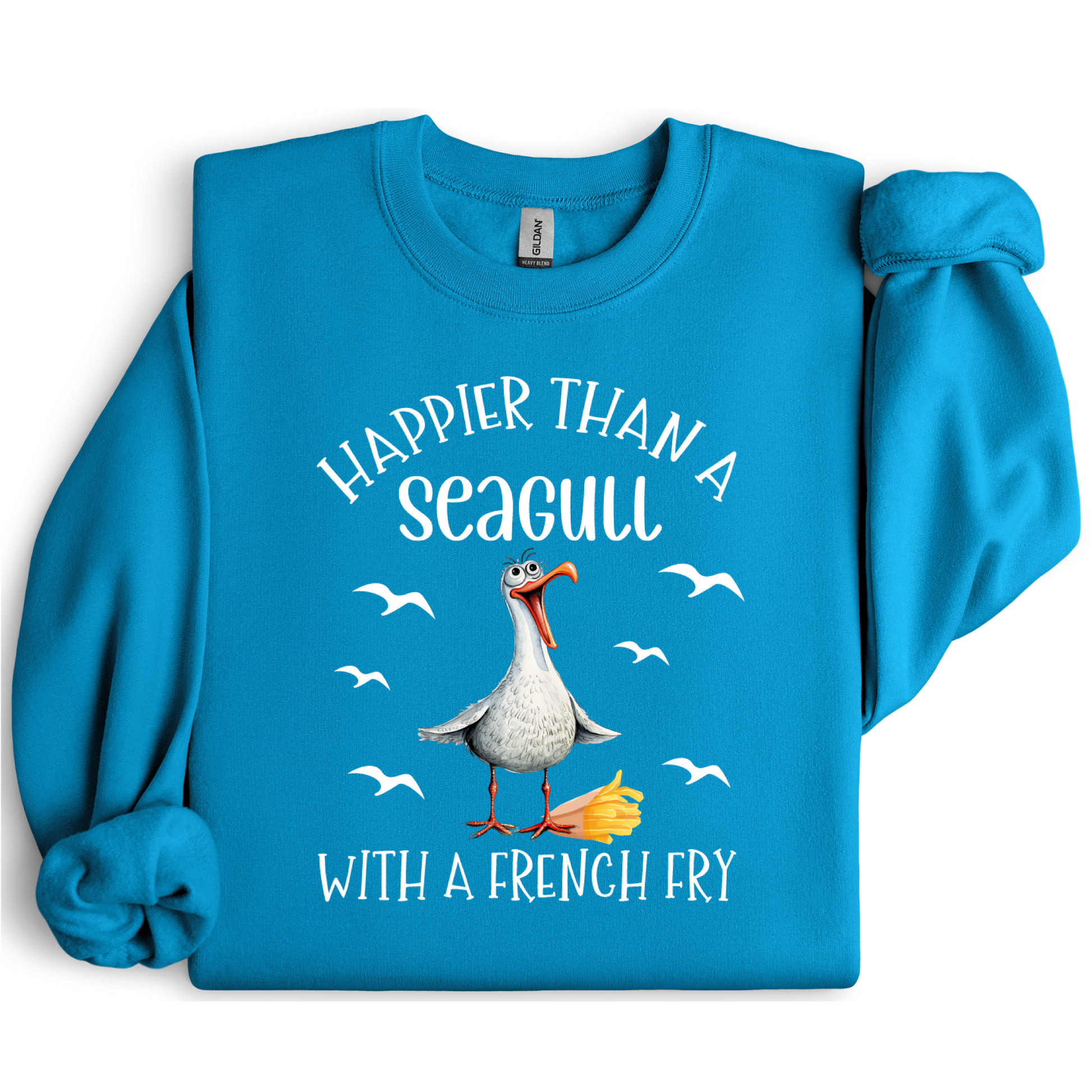 Sapphire Blue sweatshirt with a seagull graphic and text on a white background