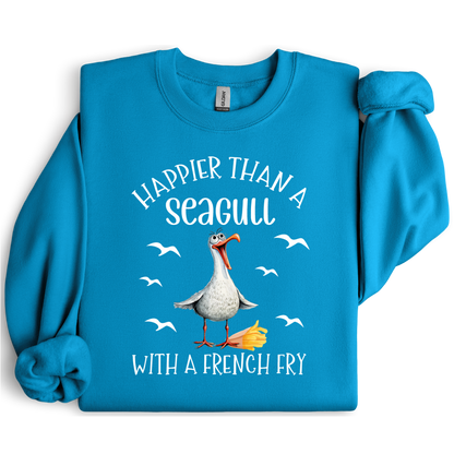Sapphire Blue sweatshirt with a seagull graphic and text on a white background