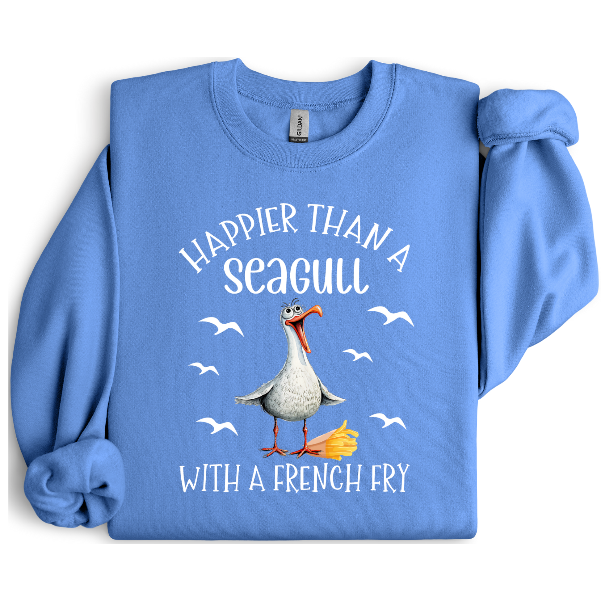 Carolina Blue sweatshirt with a seagull graphic and text on a white background