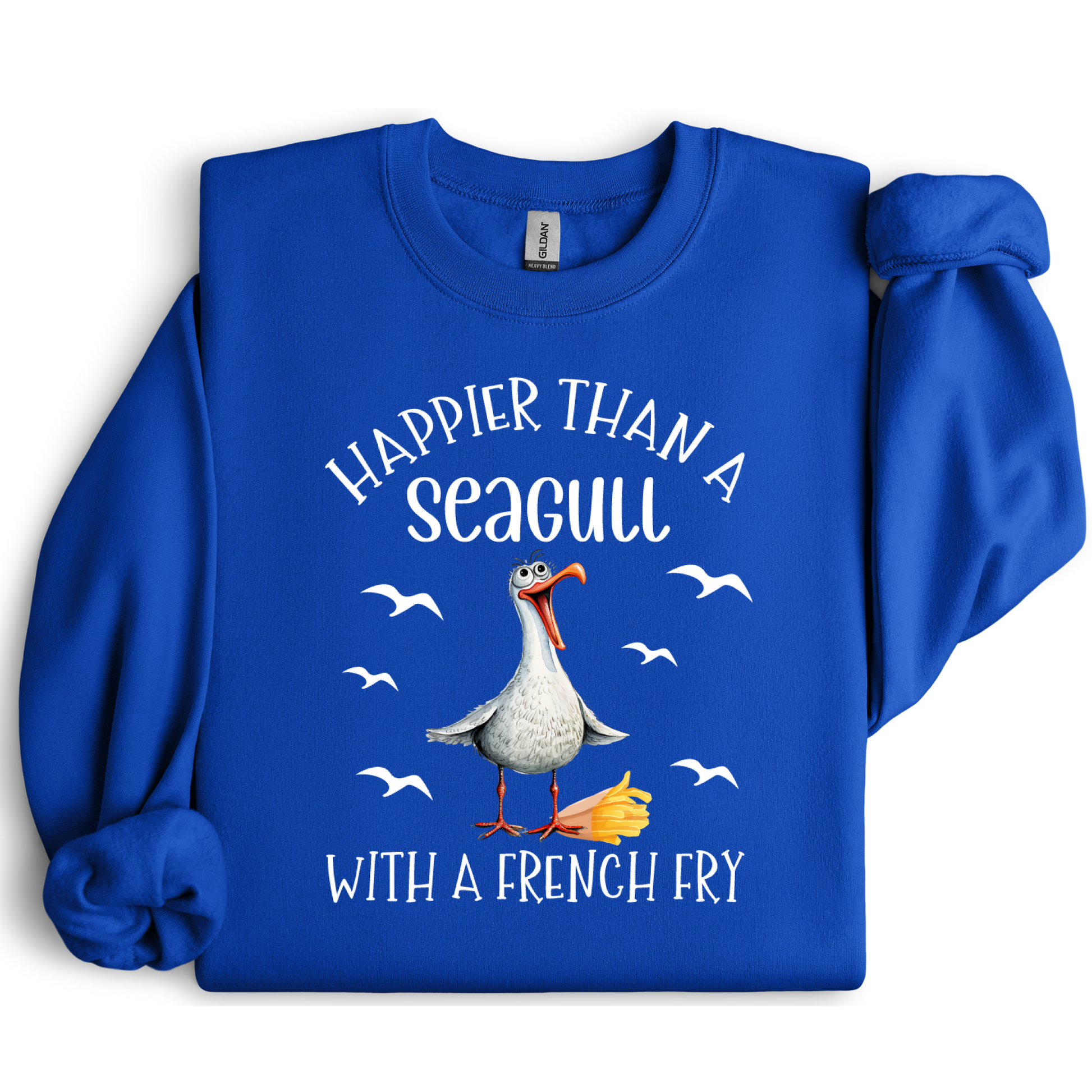 Royal Blue sweatshirt with a seagull graphic and text on a white background