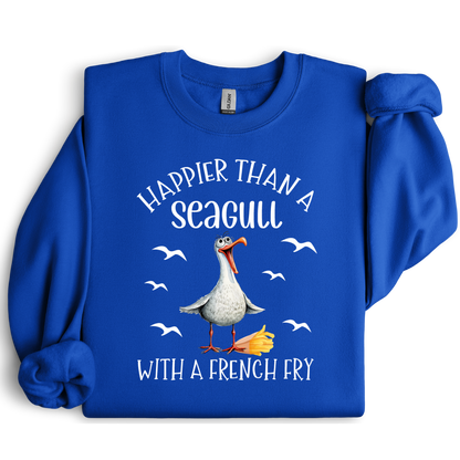 Royal Blue sweatshirt with a seagull graphic and text on a white background