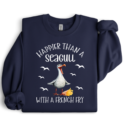Navy blue sweatshirt with a seagull graphic and text on a white background