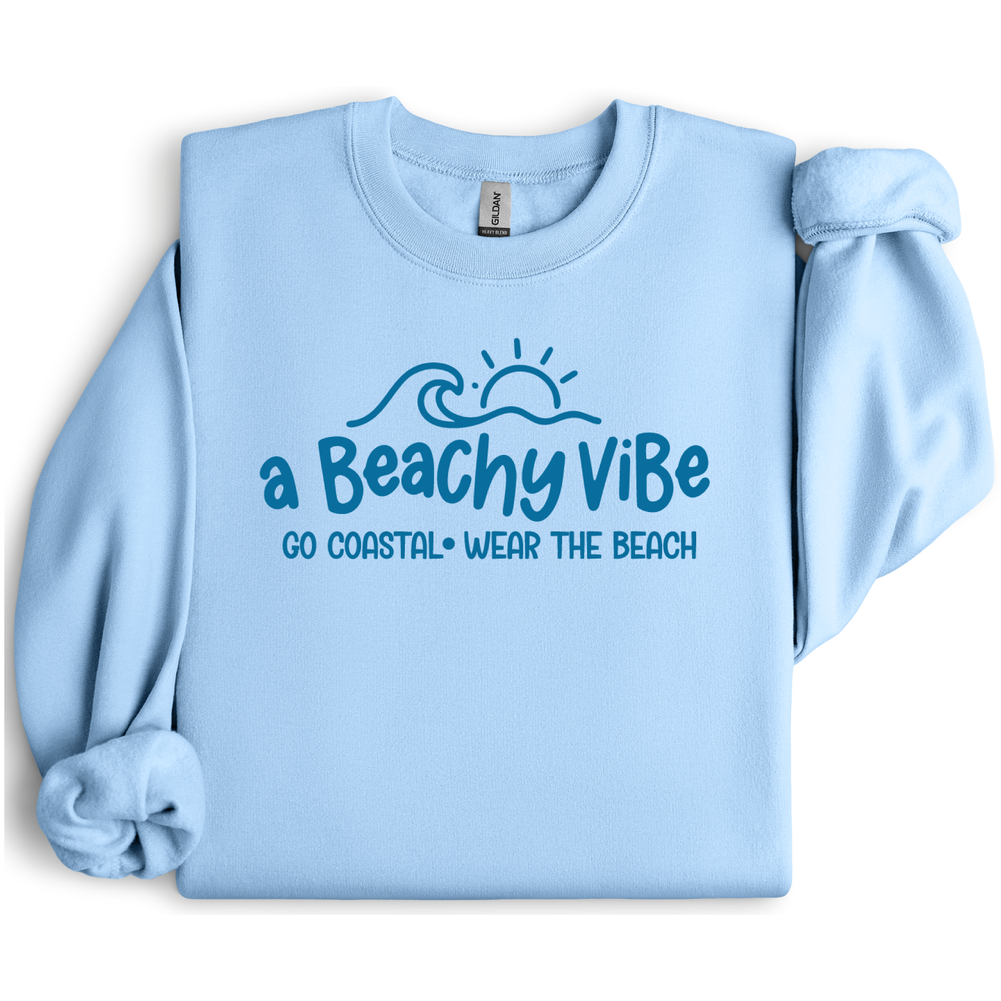 Light blue sweatshirt with 'a Beachy Vibe' text design on a white background