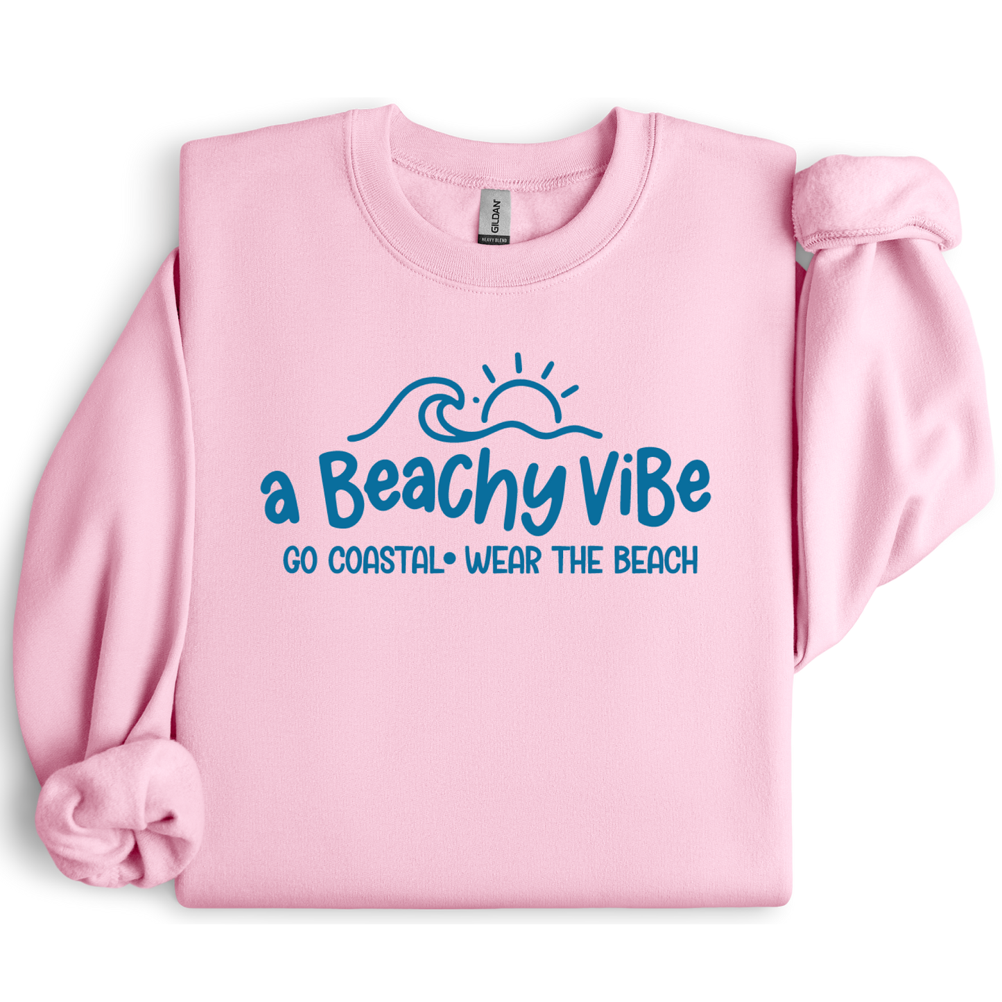 Pink sweatshirt with 'a Beachy Vibe' text design on a white background