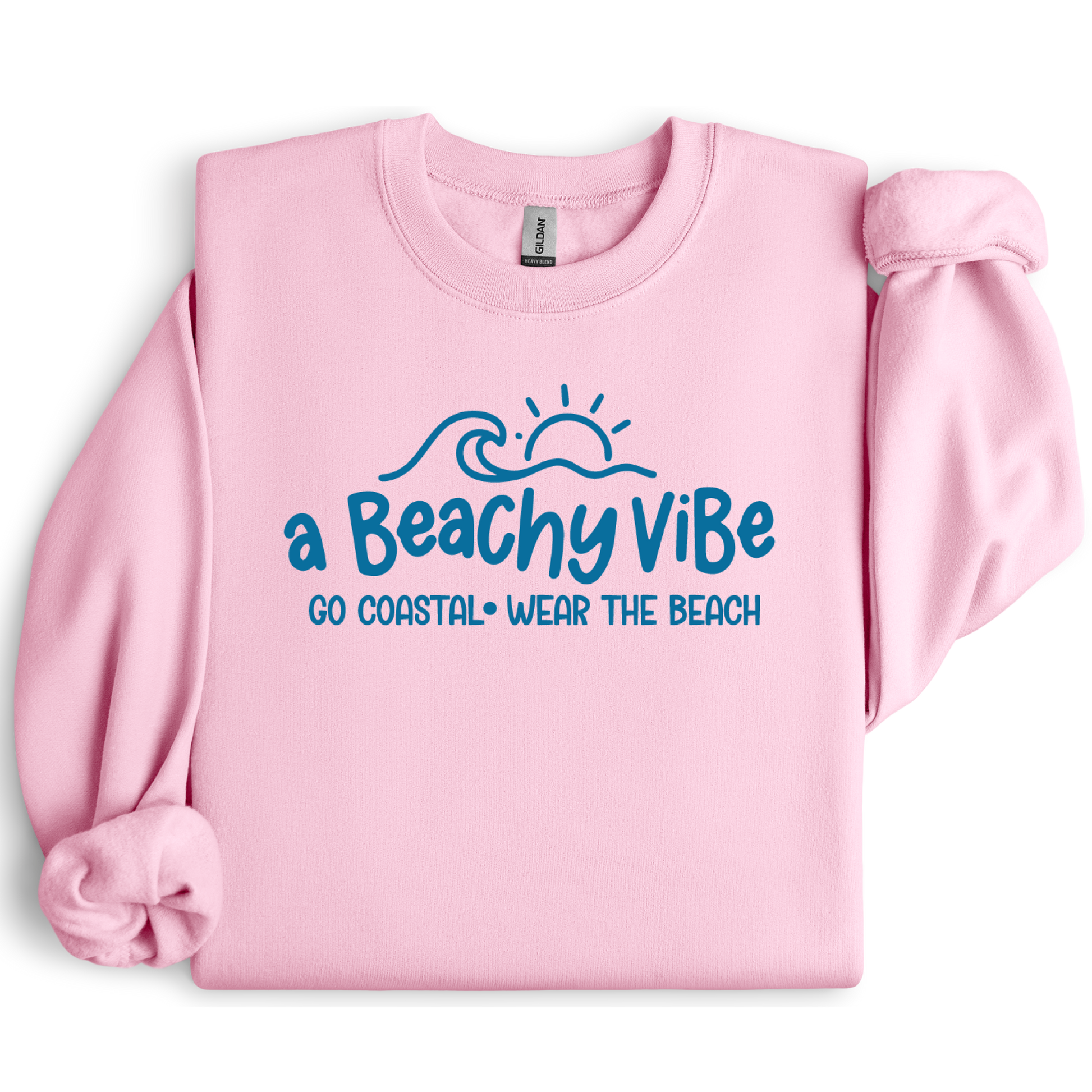 Pink sweatshirt with 'a Beachy Vibe' text design on a white background