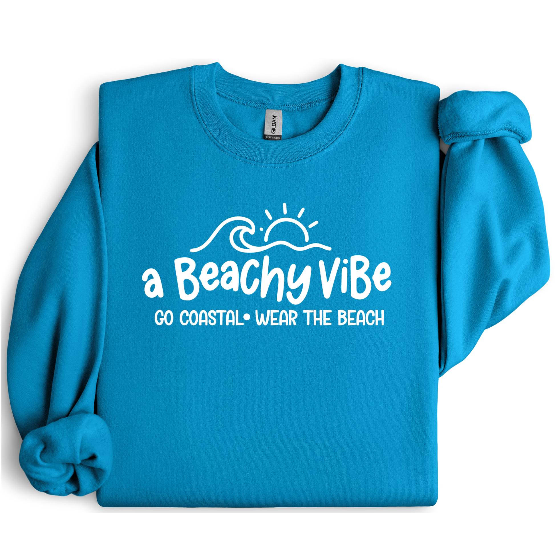 Sapphire Blue sweatshirt with 'a Beachy Vibe' text and graphics on a white background