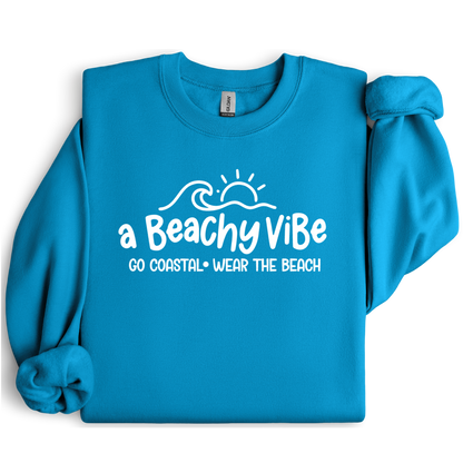 Sapphire Blue sweatshirt with 'a Beachy Vibe' text and graphics on a white background