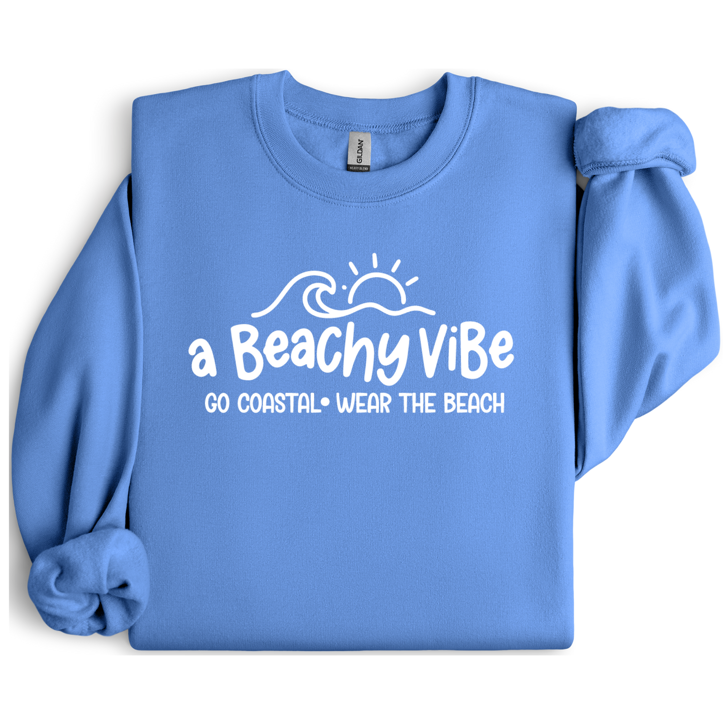 Carolina Blue sweatshirt with 'a Beachy Vibe' text and graphics on a white background