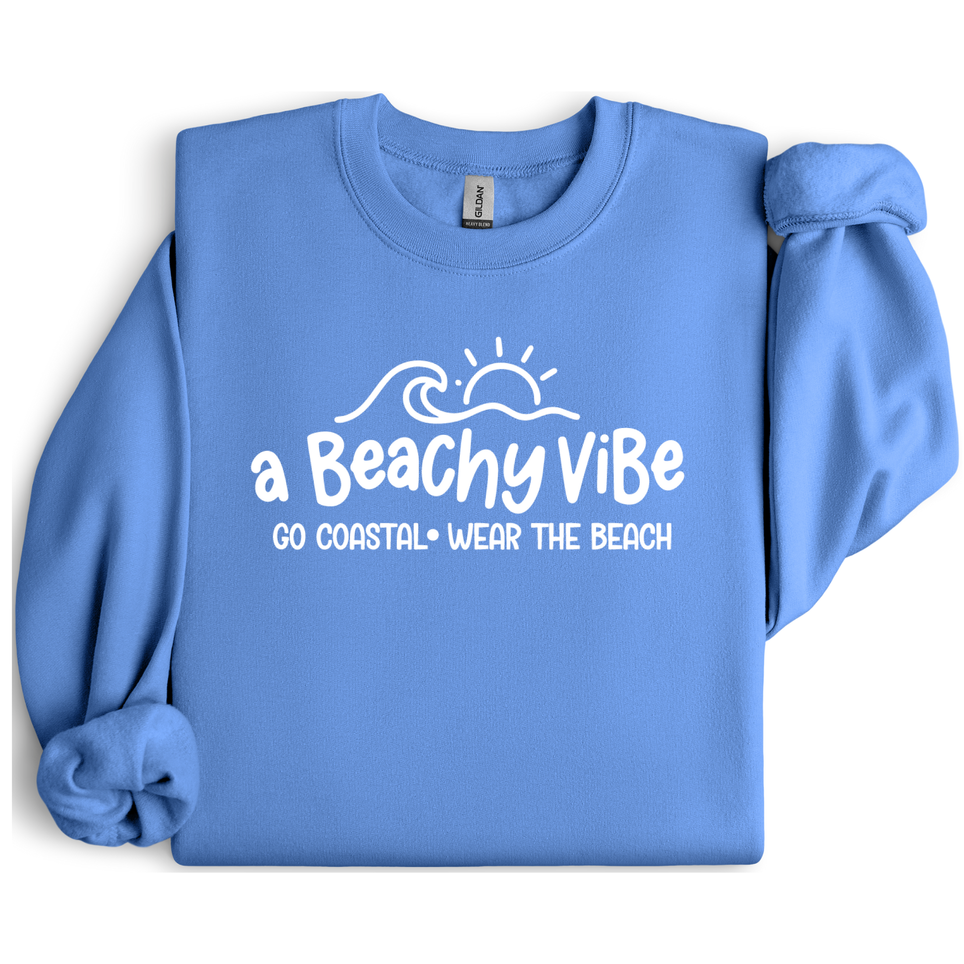 Carolina Blue sweatshirt with 'a Beachy Vibe' text and graphics on a white background