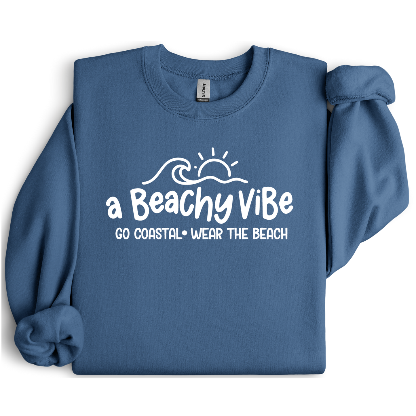 Indigo Blue sweatshirt with 'a Beachy Vibe' text and graphics on a white background