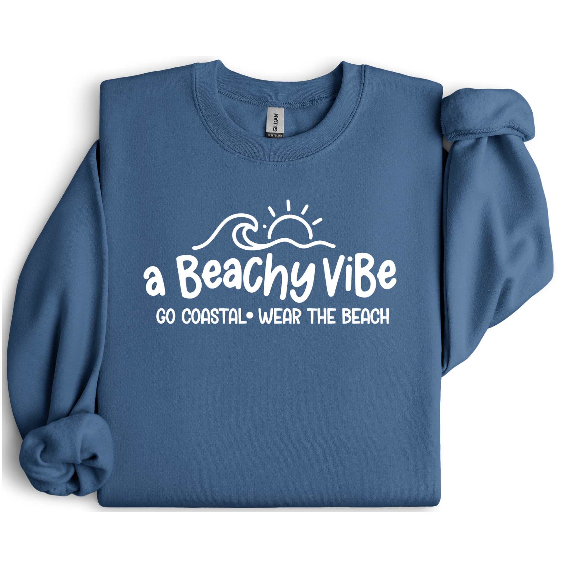 Indigo Blue sweatshirt with 'a Beachy Vibe' text and graphics on a white background