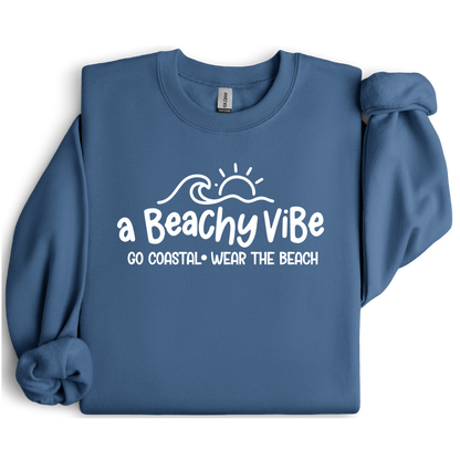 Indigo Blue sweatshirt with 'a Beachy Vibe' text and graphics on a white background