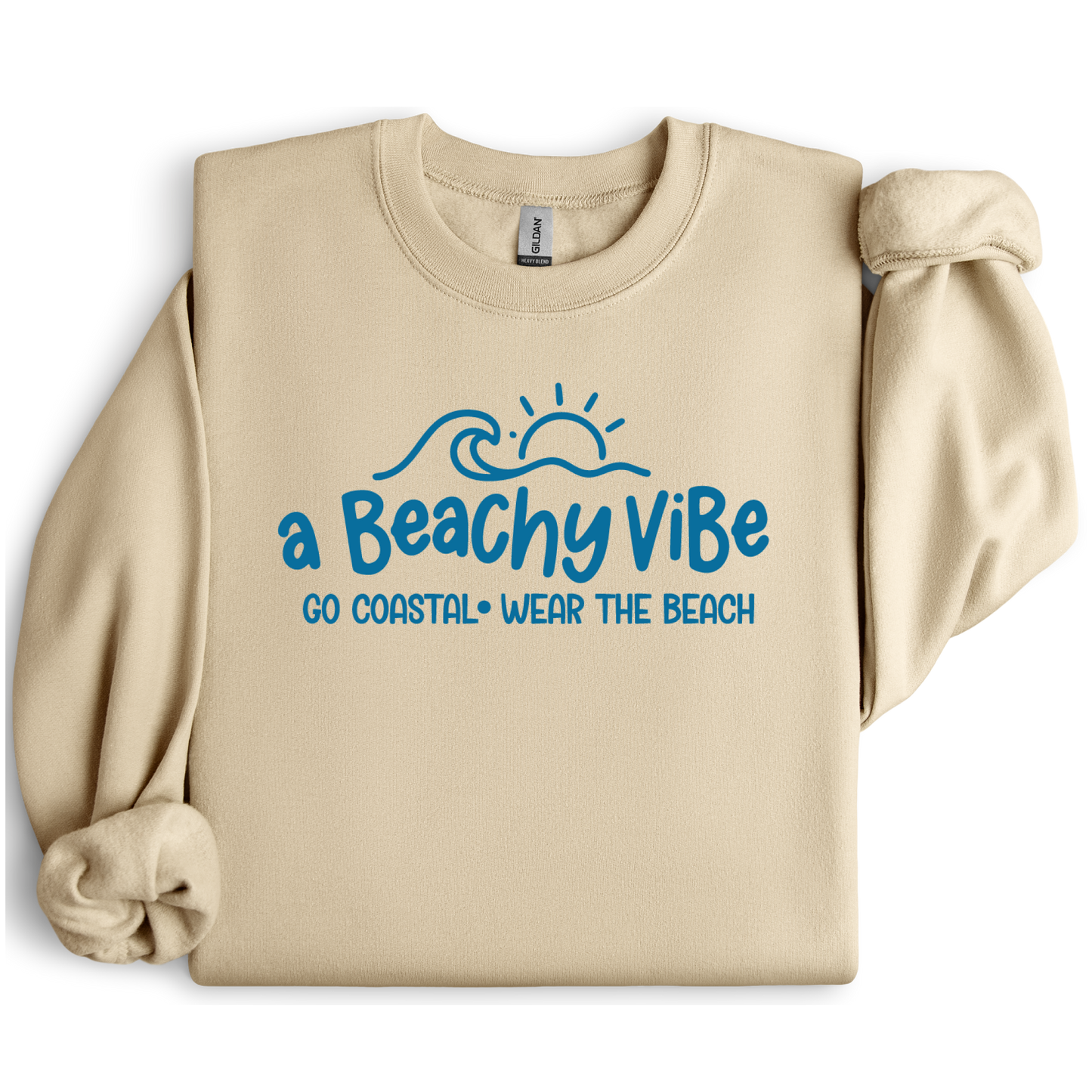 Sand sweatshirt with blue 'A Beachy Vibe' text design on a white background