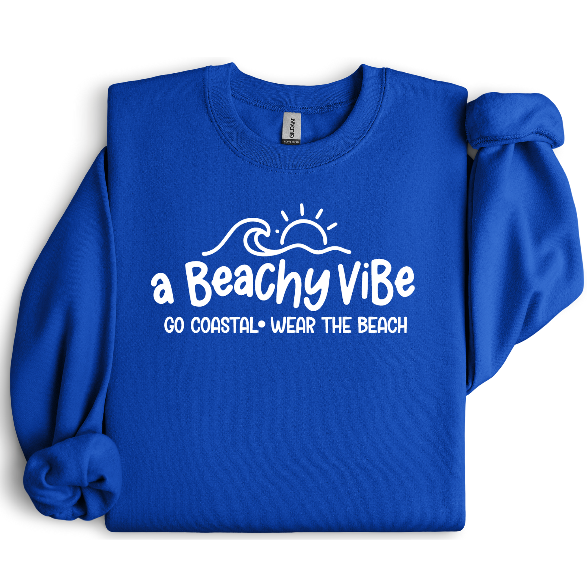 Royal Blue sweatshirt with 'a Beachy Vibe' text and graphics on a white background