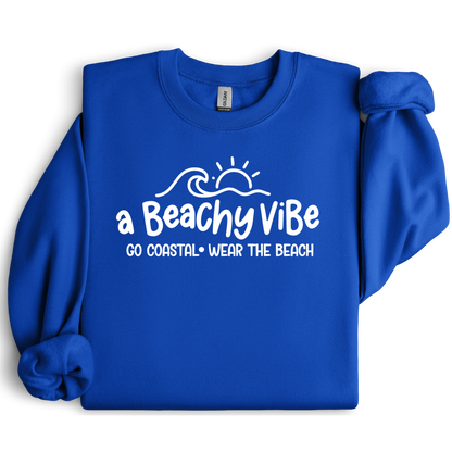 Royal Blue sweatshirt with 'a Beachy Vibe' text and graphics on a white background