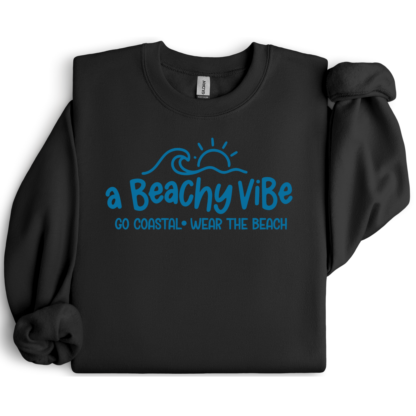 Black sweatshirt with blue 'a Beachy Vibe' text design on a white background