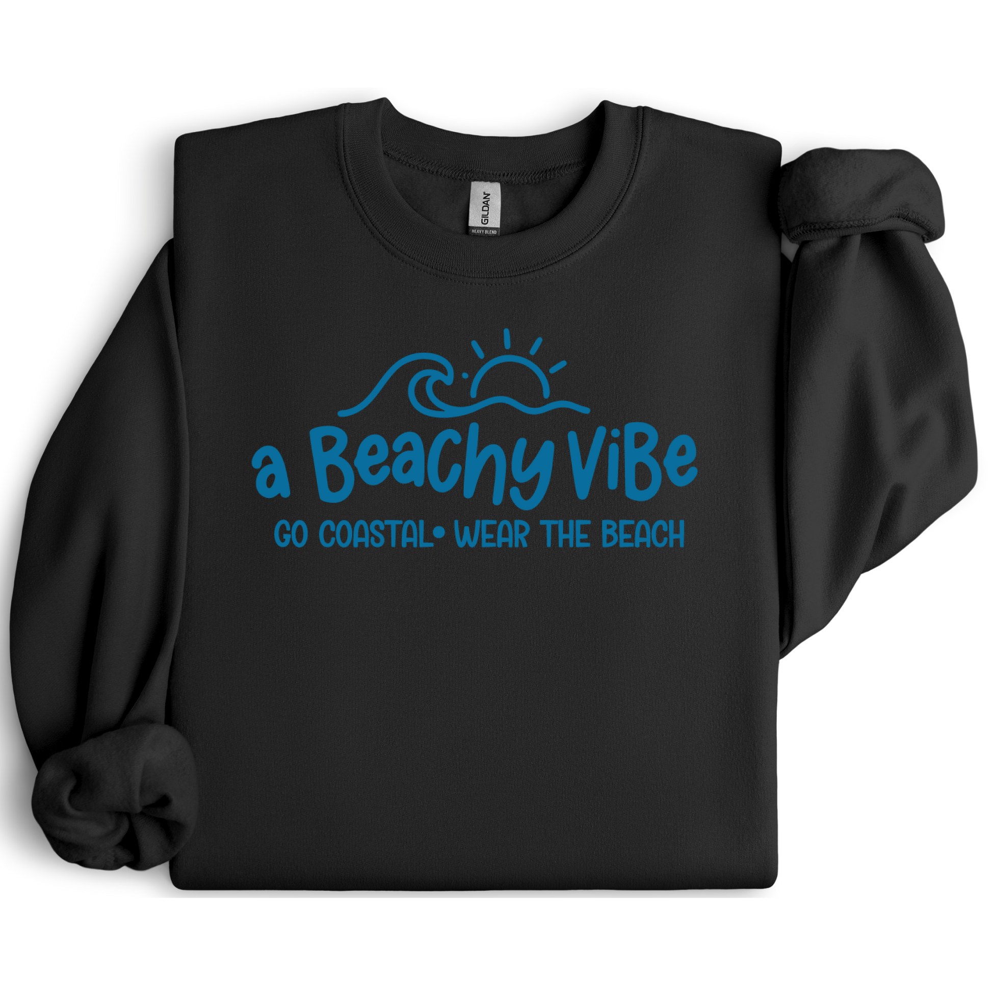 Black sweatshirt with blue 'a Beachy Vibe' text design on a white background