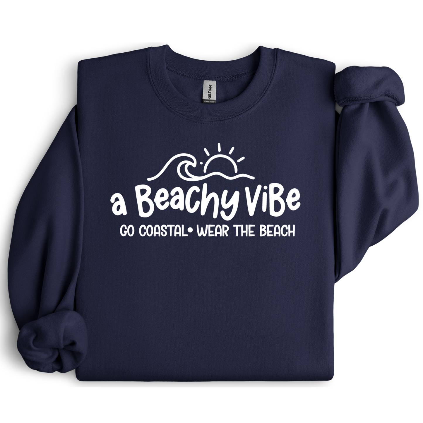 Navy blue sweatshirt with 'a Beachy Vibe' text design on a white background