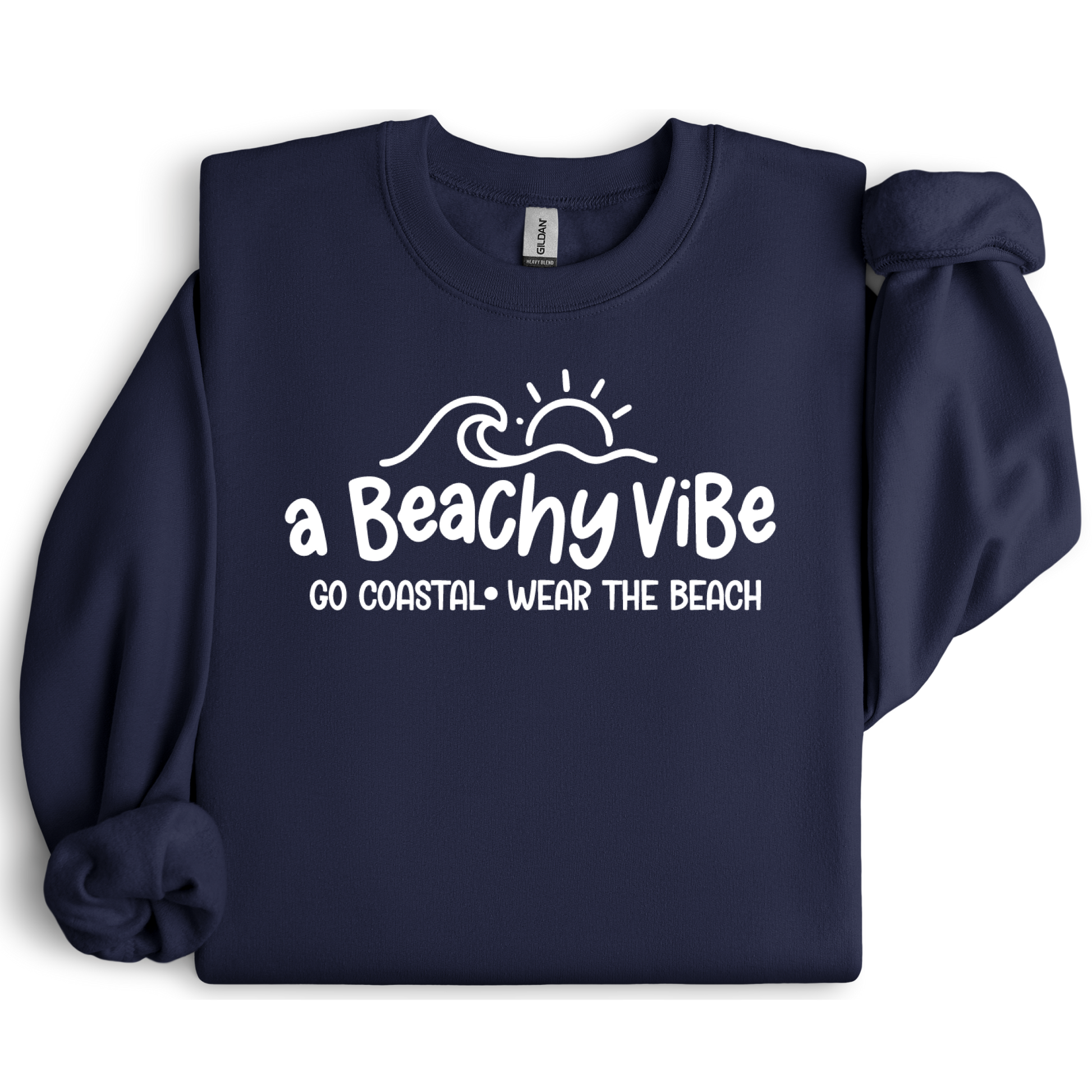 Navy blue sweatshirt with 'a Beachy Vibe' text design on a white background