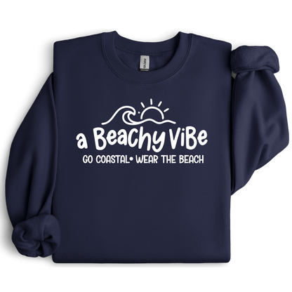 Navy blue sweatshirt with 'a Beachy Vibe' text design on a white background